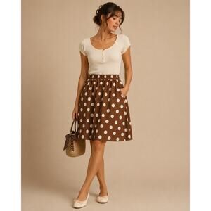 Brown White Polka Dot Midi Skirt w/ Pockets Large Retro Boho Cottagecore Skirt